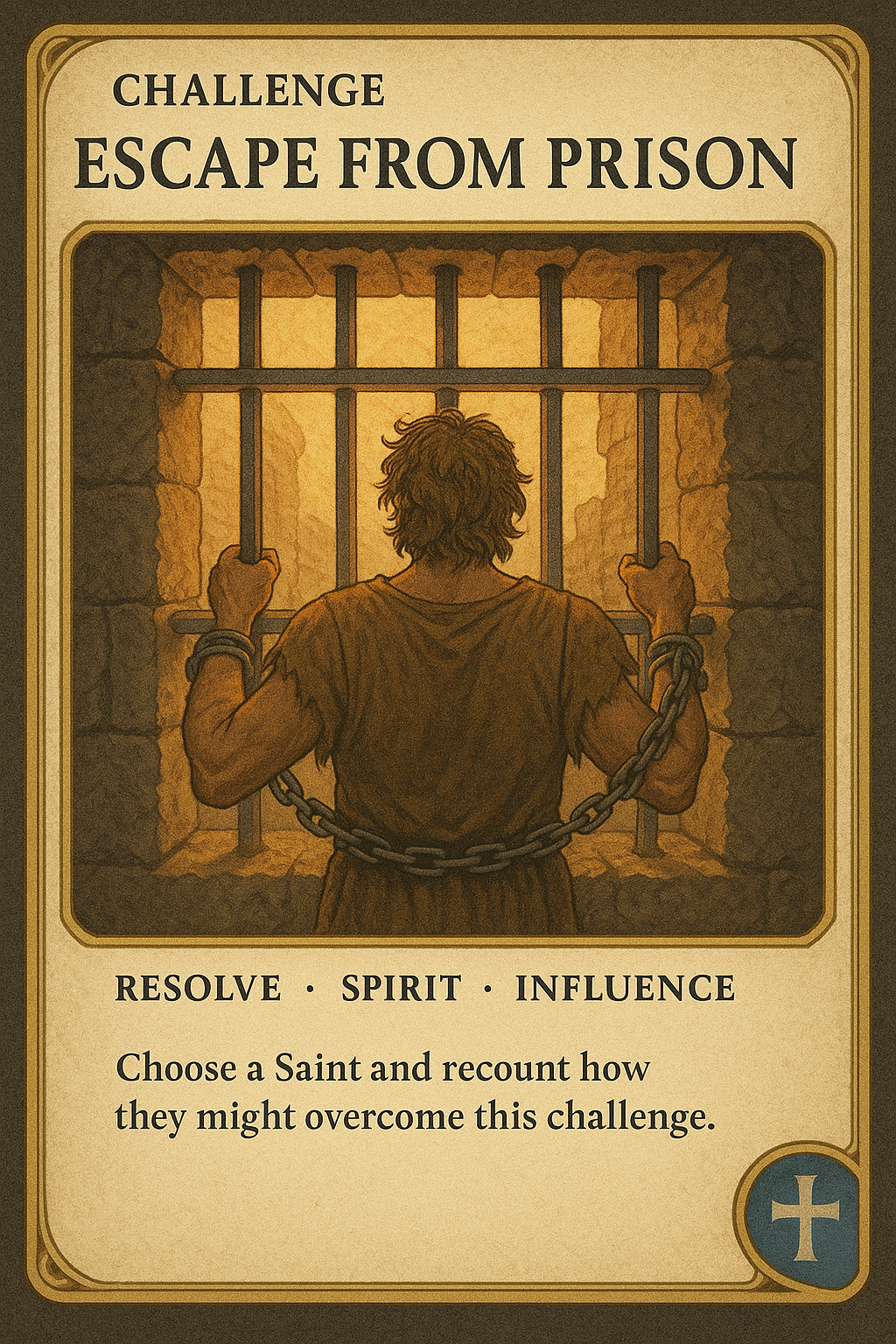 Challenge card Escape from Prison requiring Resolve, Spirit, and Influence
